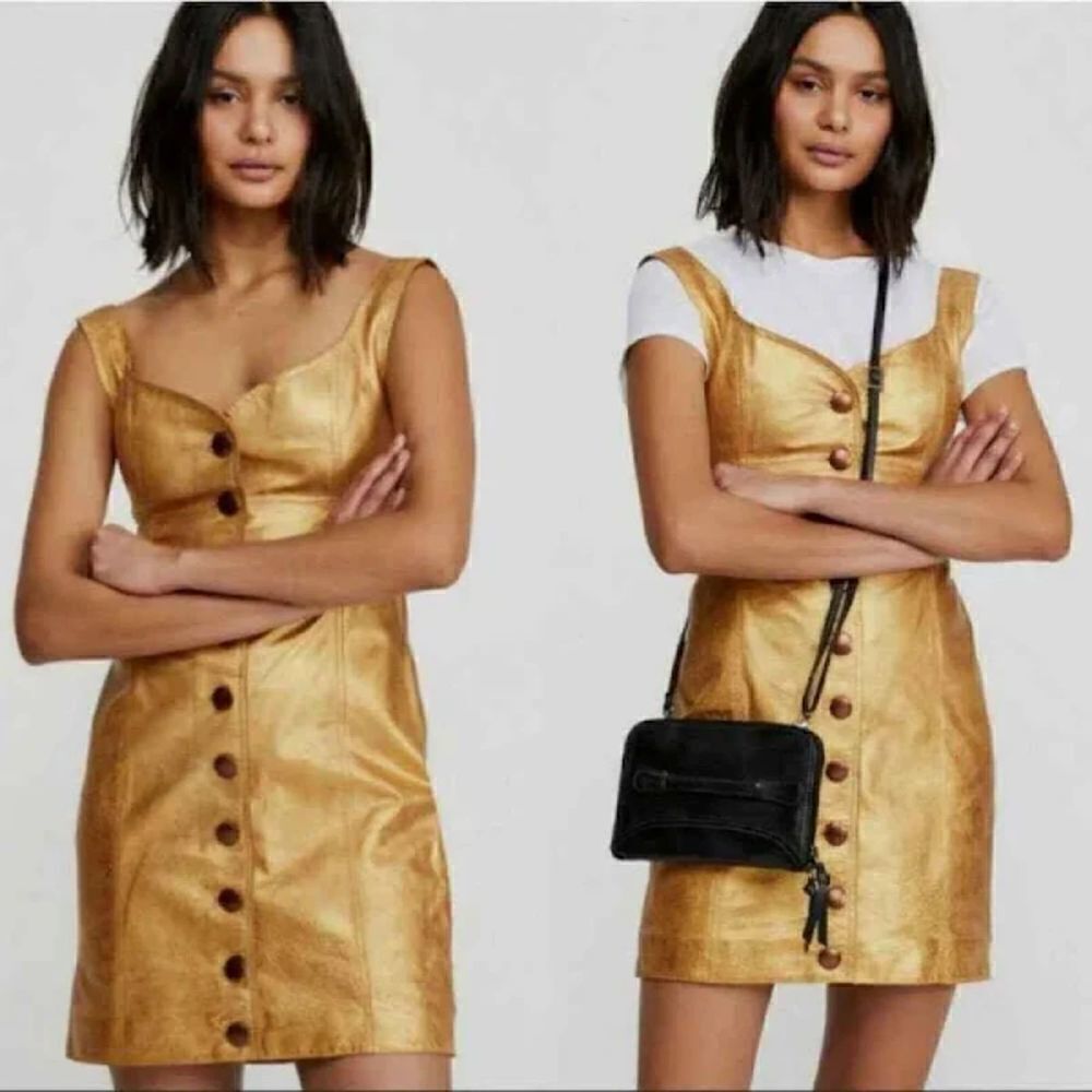 NWT Free People Gold Metallic 100% Leather Button Front Mini Dress size 8